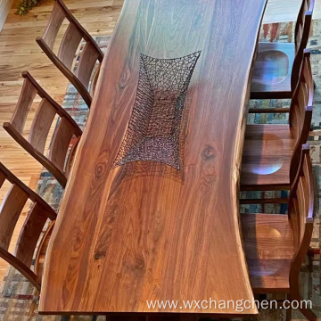 Modern Factory Price Wooden Kitchen Furniture Live Edge Slab Solid Walnut Wood Dining Restaurant Table